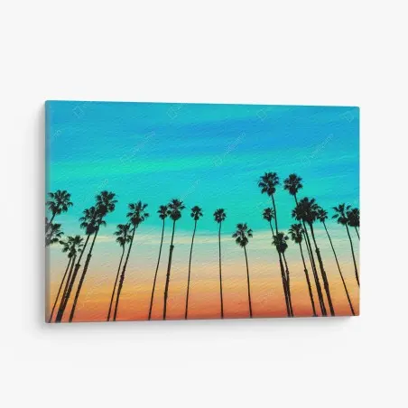 Quadro su tela tramonto a Santa Barbara con filari di palme • Wallissimo®