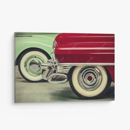 Quadro su tela dettaglio retrò: ruote e cromature di auto d'epoca • Wallissimo®