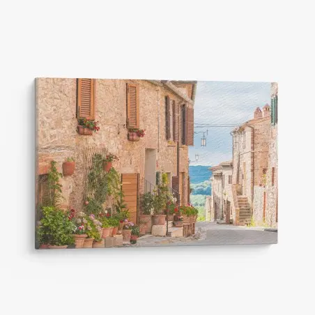 Quadro su tela borgo medievale fiorito in Toscana • Wallissimo®