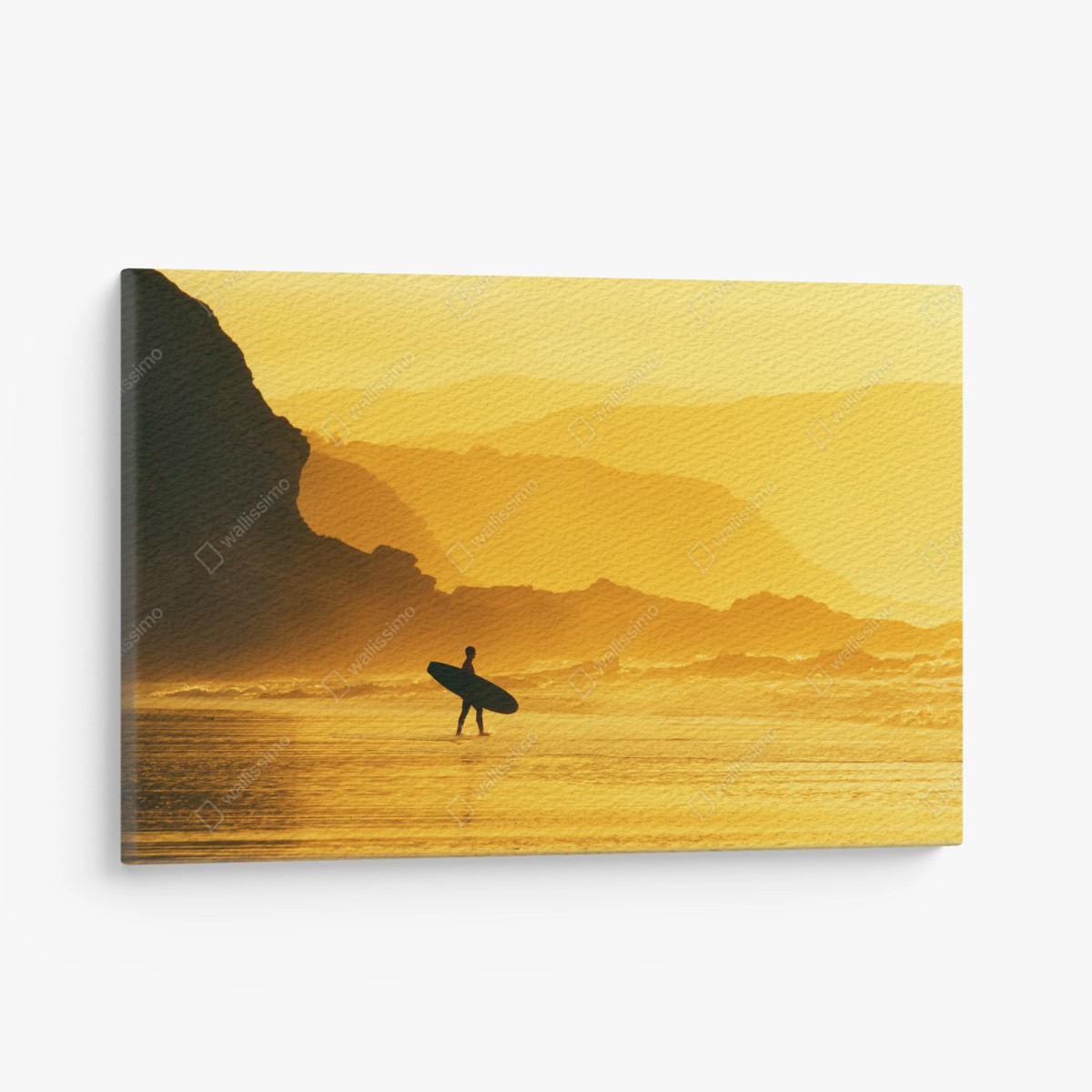 Quadro su tela silhouette dorata: surfista al tramonto • Wallissimo®