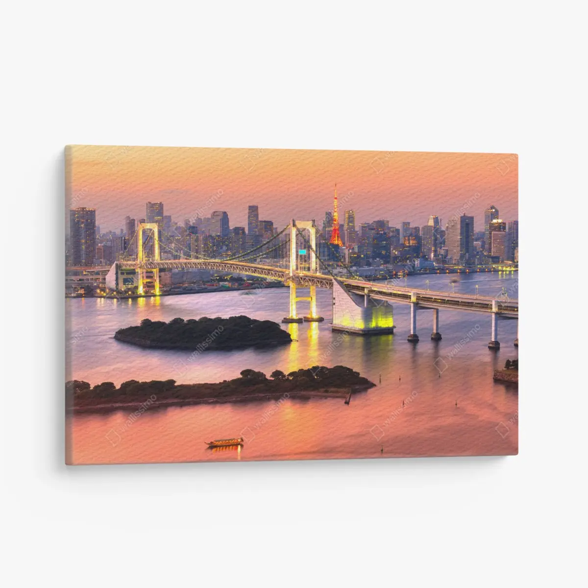 Quadro su tela tramonto sullo skyline di Tokyo con Rainbow Bridge e Tokyo Tower • Wallissimo®