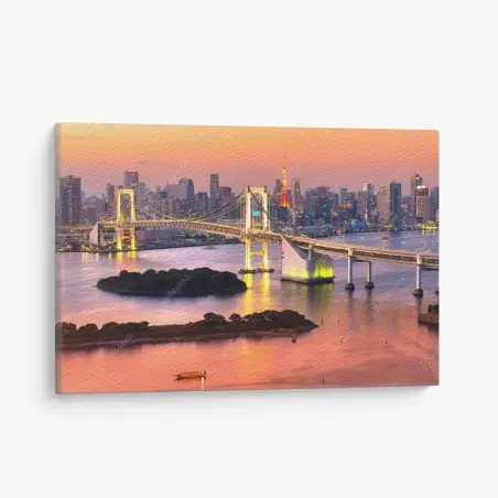 Quadro su tela tramonto sullo skyline di Tokyo con Rainbow Bridge e Tokyo Tower • Wallissimo®