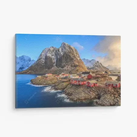 Quadro su tela panorama costiero con case rosse e montagna innevata • Wallissimo®