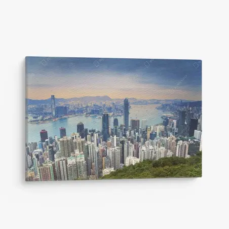 Quadro su tela vista panoramica di Hong Kong al tramonto • Wallissimo®