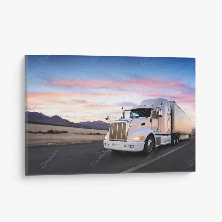 Quadro su tela camion bianco al tramonto su strada deserta • Wallissimo®