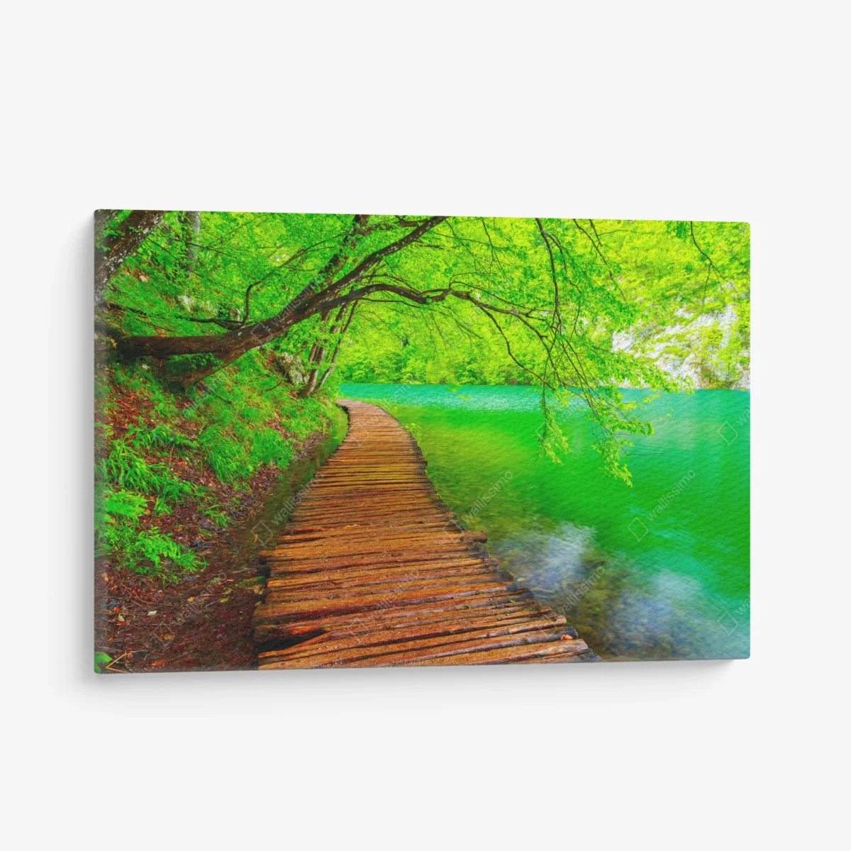 Quadro su tela percorso in legno lungo il lago verde • Wallissimo® Quadro su tela percorso in legno lungo il lago verde • Wallissimo®
