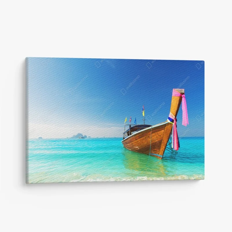 Quadro su tela barca tradizionale su spiaggia tropicale, Thailandia