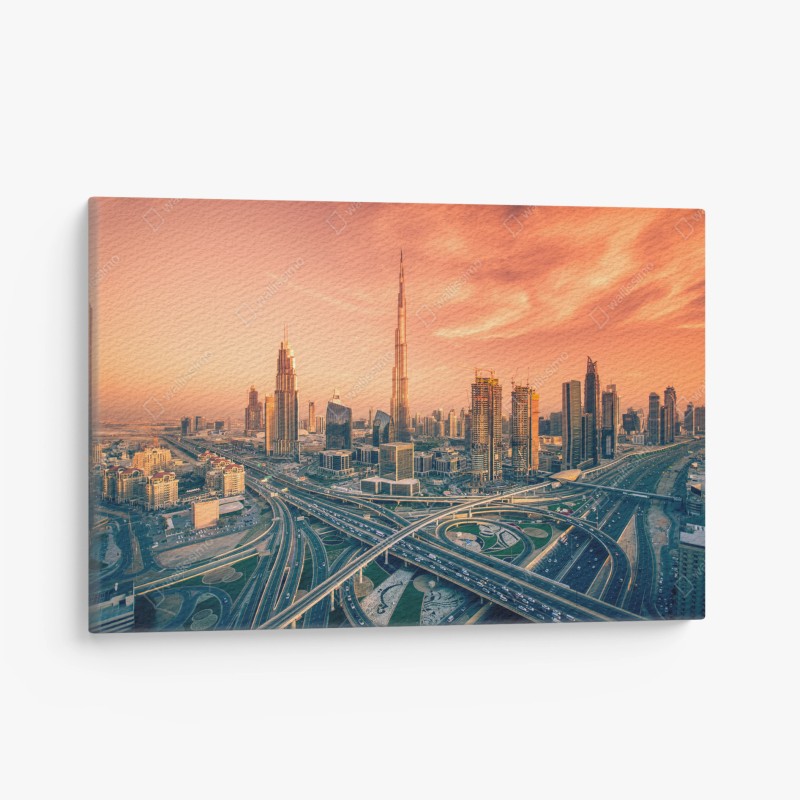 Quadro su tela panorama urbano di Dubai al tramonto
