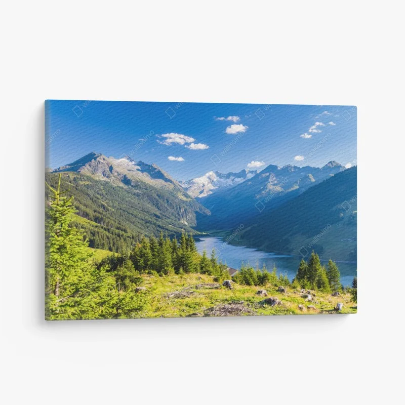 Quadro su tela panorama alpino sul lago cristallino delle Alpi