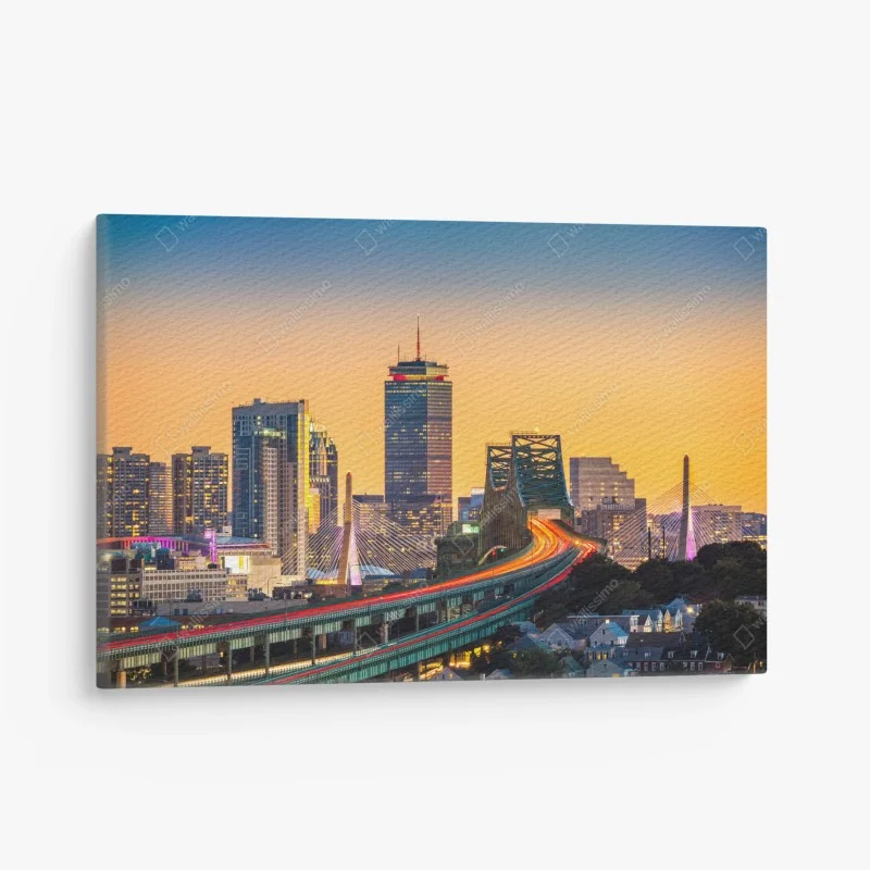 Quadro su tela tramonto urbano sulla skyline di Boston con i ponti Zakim e Tobin