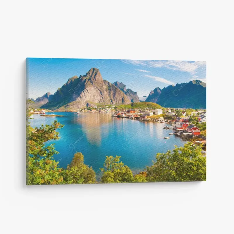 Quadro su tela panorama nordico sul fiordo con villaggio colorato • Wallissimo®