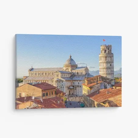 Quadro su tela vista iconica di Pisa: torre pendente e duomo al tramonto • Wallissimo®