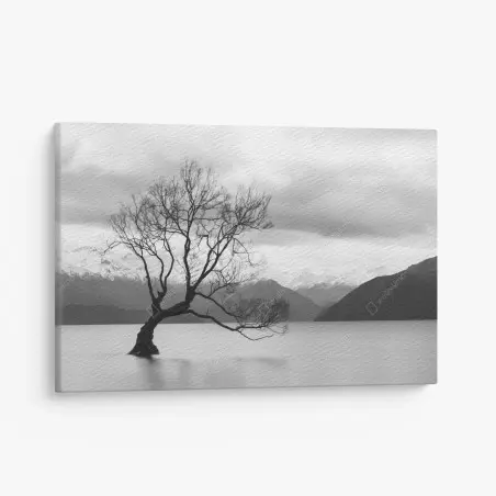 Quadro su tela albero solitario nel lago montano • Wallissimo®