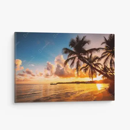 Quadro su tela tramonto tropicale con palme sulla spiaggia • Wallissimo®