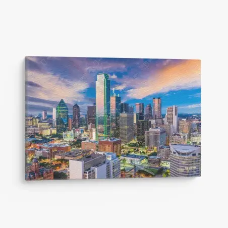 Quadro su tela tramonto su Dallas: skyline urbano e contemporaneo • Wallissimo®