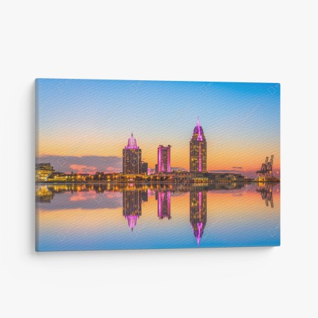 Quadro su tela tramonto e riflessi sulla skyline di Mobile • Wallissimo®