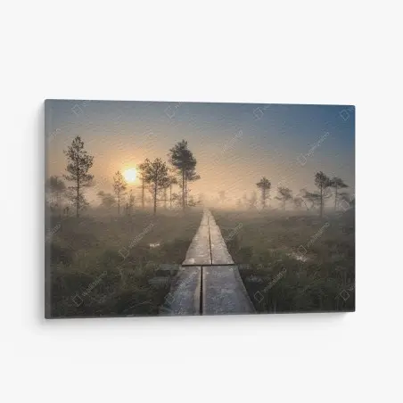 Quadro su tela passerella nella nebbia all'alba • Wallissimo®