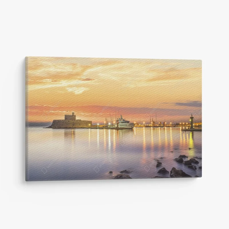 Quadro su tela tramonto sul porto di Mandraki e sulla fortezza Agios Nikolaos, Rodi