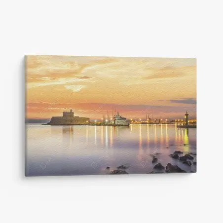 Quadro su tela tramonto sul porto di Mandraki e sulla fortezza Agios Nikolaos, Rodi • Wallissimo®