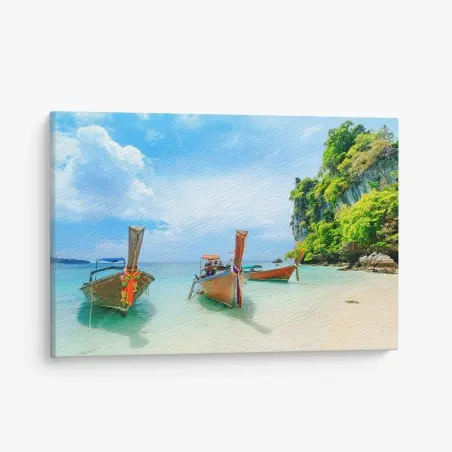 Quadro su tela barche longtail sulla spiaggia di Phuket • Wallissimo®