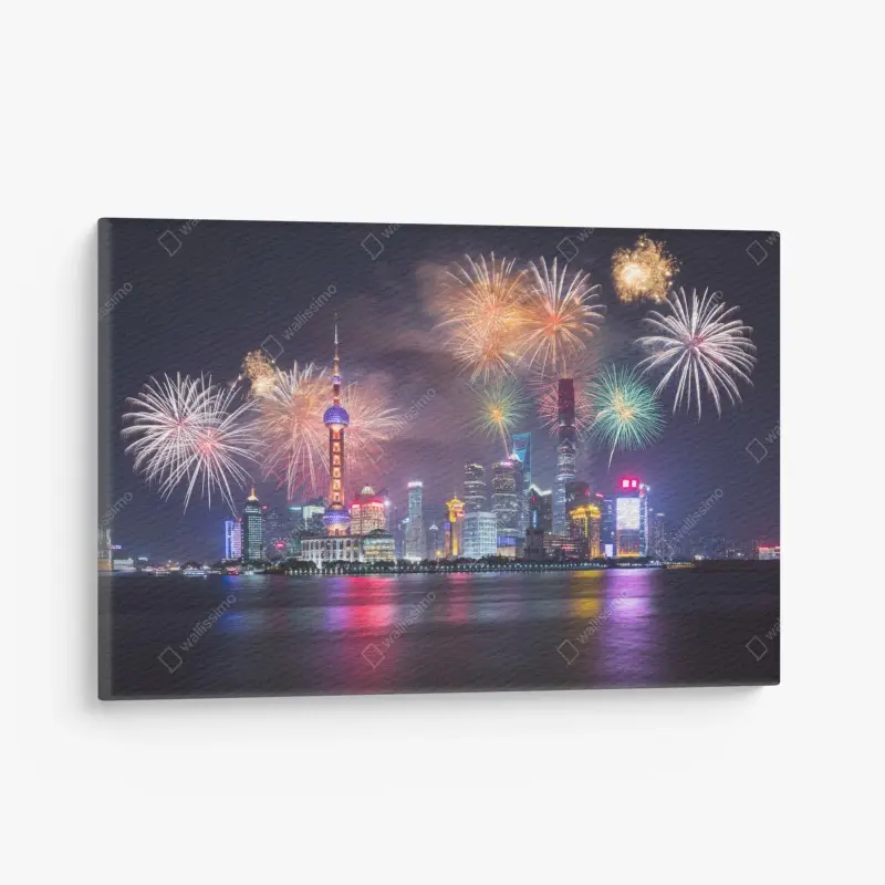 Quadro su tela notte di fuochi d'artificio sul fiume Huangpu a Shanghai