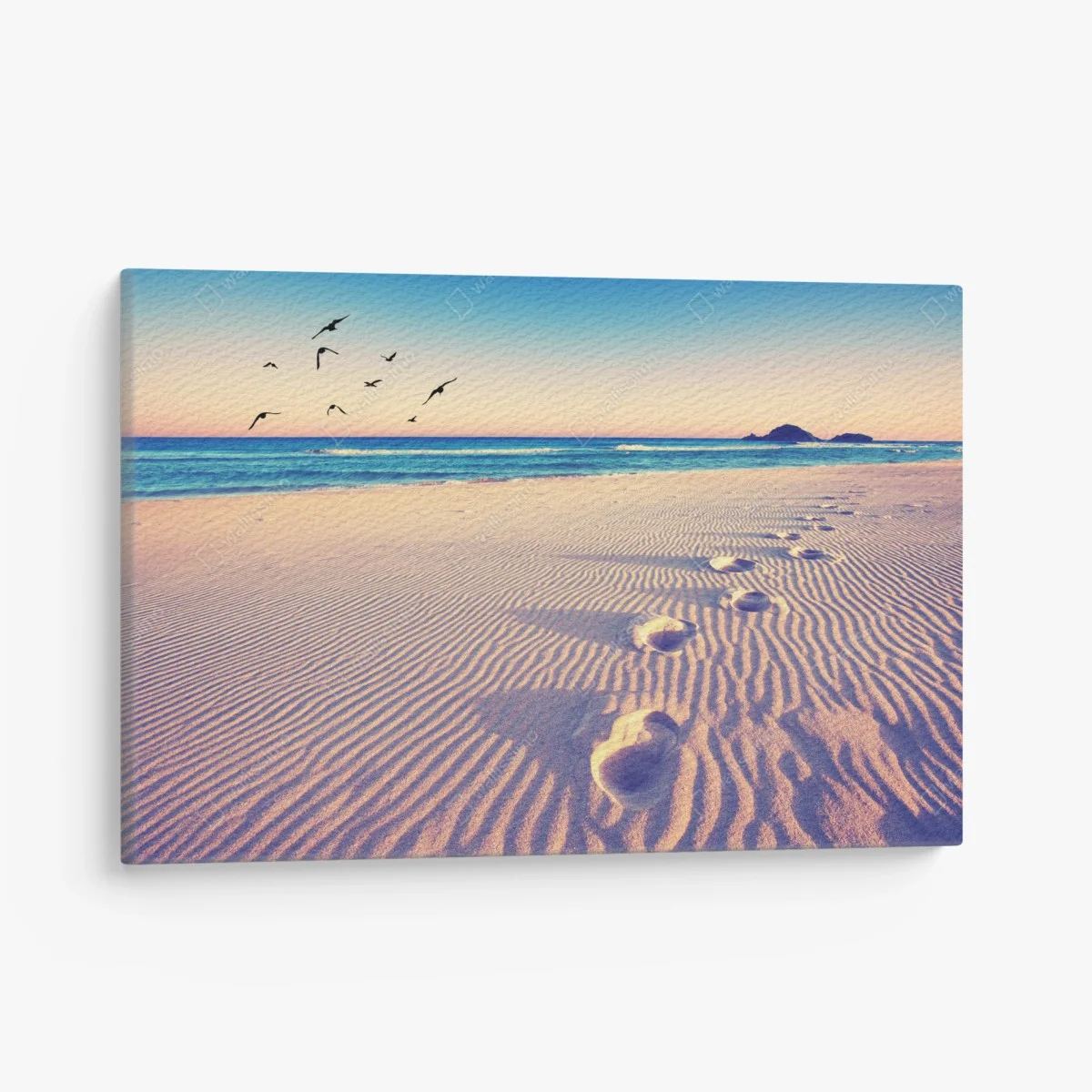 Quadro su tela impronte magiche sulla spiaggia al tramonto • Wallissimo® Quadro su tela impronte magiche sulla spiaggia al tramonto • Wallissimo®
