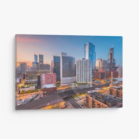 Quadro su tela tramonto su Chicago: skyline urbano moderno • Wallissimo®
