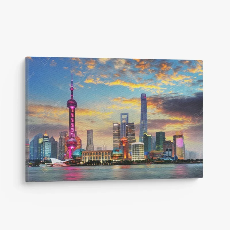 Quadro su tela vista notturna della skyline di Shanghai al tramonto • Wallissimo®