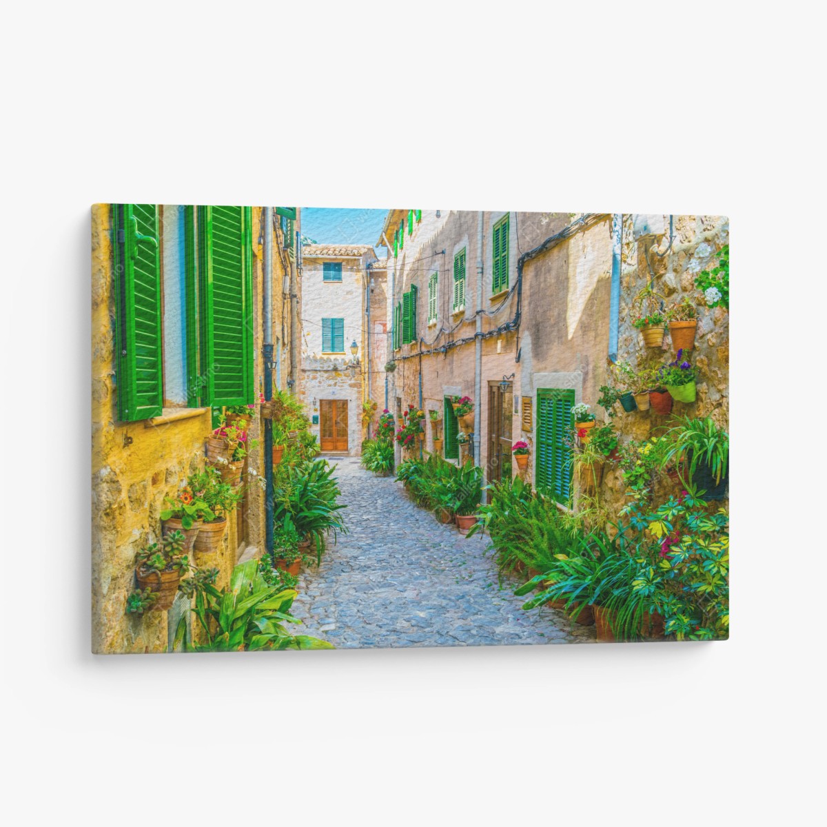 Quadro su tela vicolo fiorito in pietra • Wallissimo®