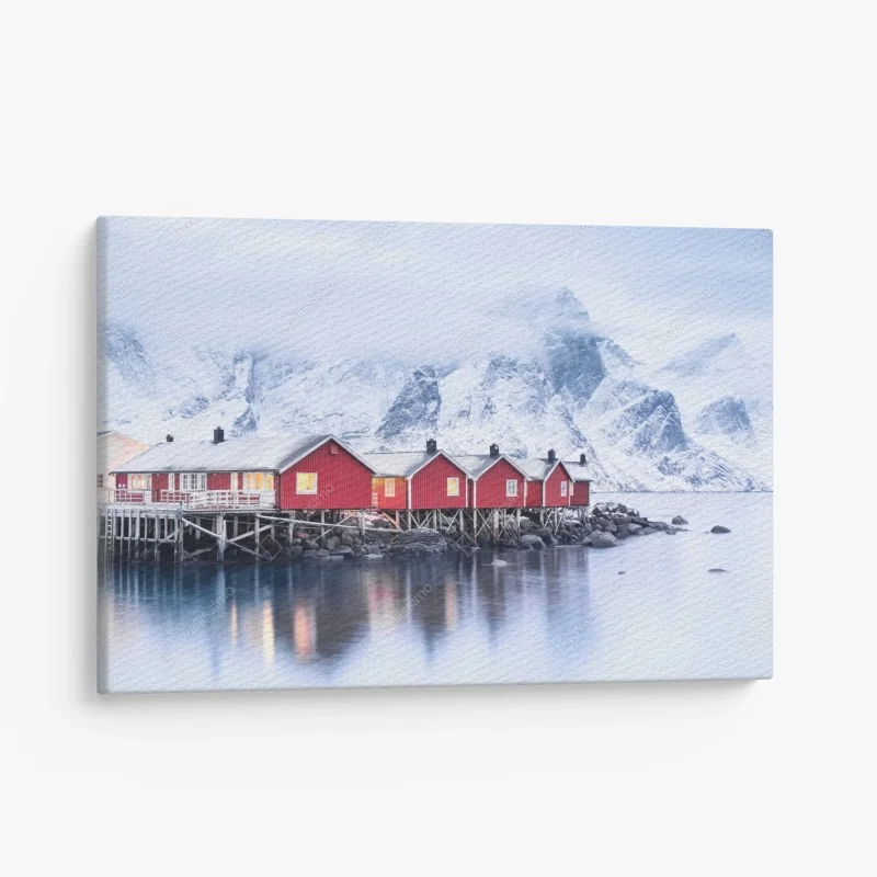 Quadro su tela case rosse sul fiordo di Lofoten