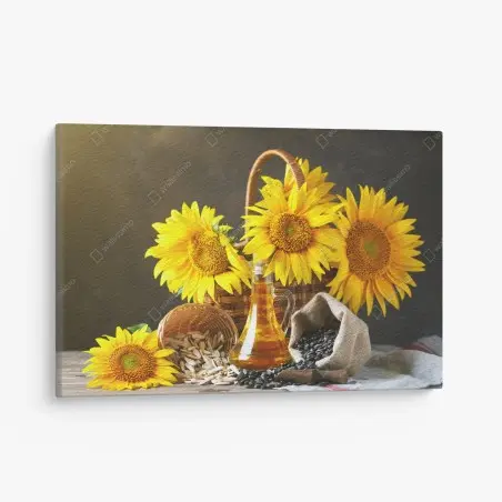 Quadro su tela composizione rustica di girasoli e semi • Wallissimo®