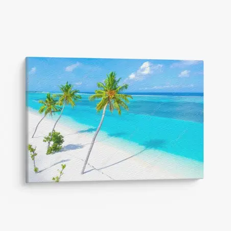 Quadro su tela oasi turchese con palme e sabbia bianca • Wallissimo®
