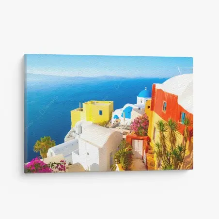 Quadro su tela scorcio di Santorini: case colorate sulla scogliera • Wallissimo®