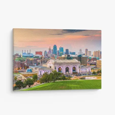 Quadro su tela panorama urbano di Kansas City con Union Station al crepuscolo • Wallissimo®