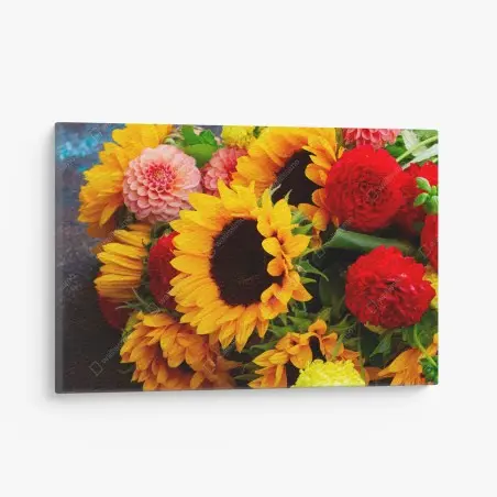 Quadro su tela esplosione di girasoli e dalie su sfondo vivace • Wallissimo®