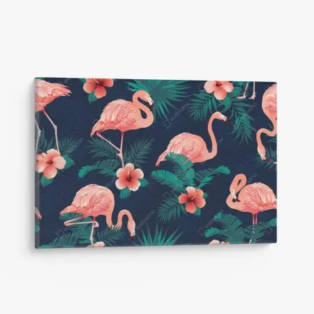 Quadro su tela motivo tropicale con fenicotteri e hibiscus • Wallissimo®