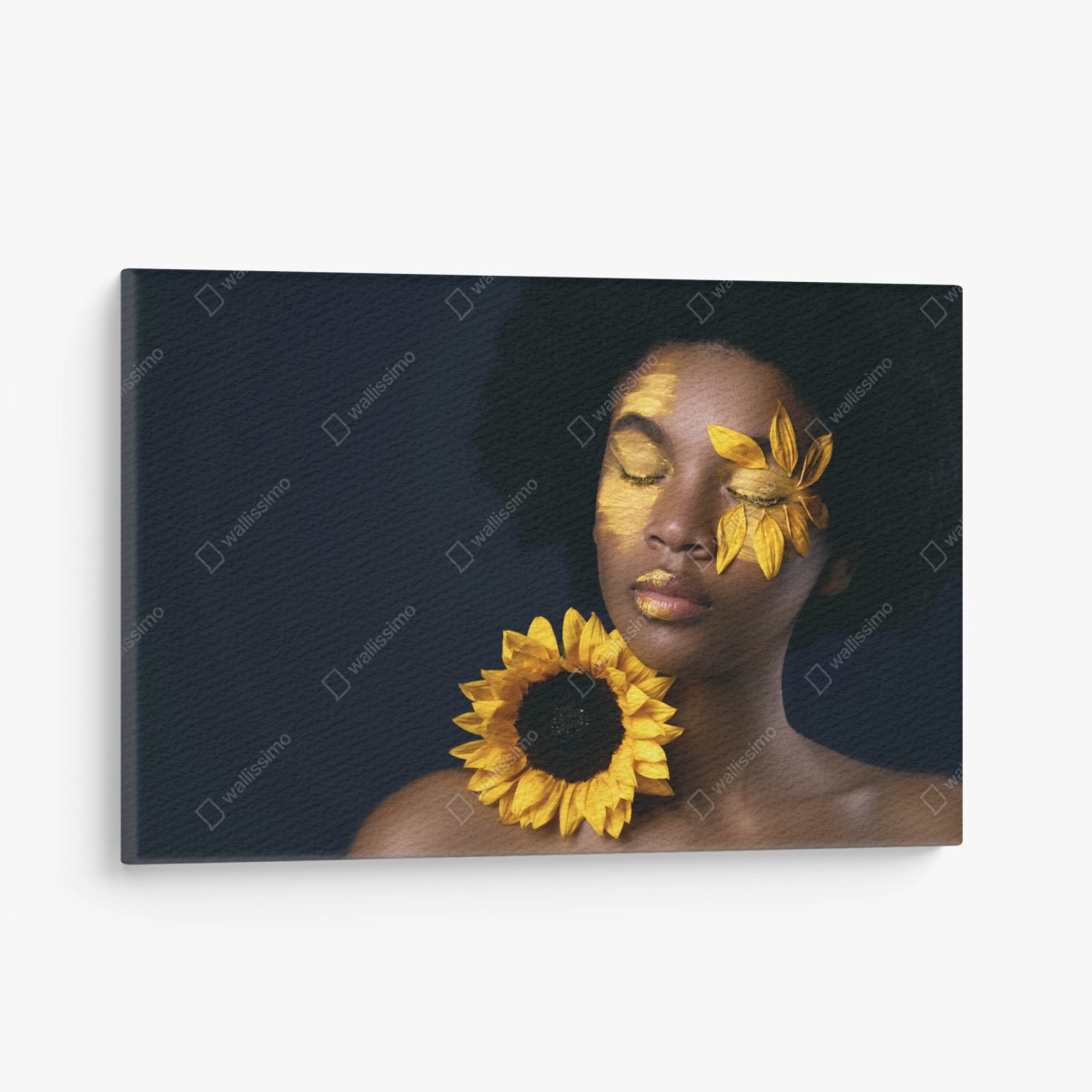 Quadro su tela ritratto solare: bellezza afro con girasole • Wallissimo®