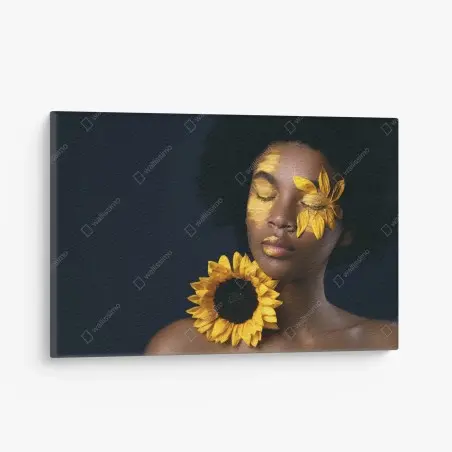 Quadro su tela ritratto solare: bellezza afro con girasole • Wallissimo®
