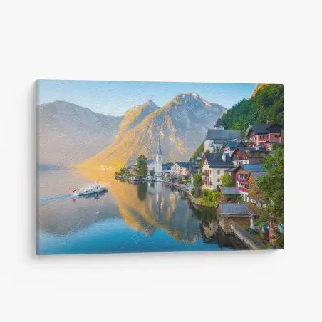 Quadro su tela panorama di Hallstatt all'alba • Wallissimo®