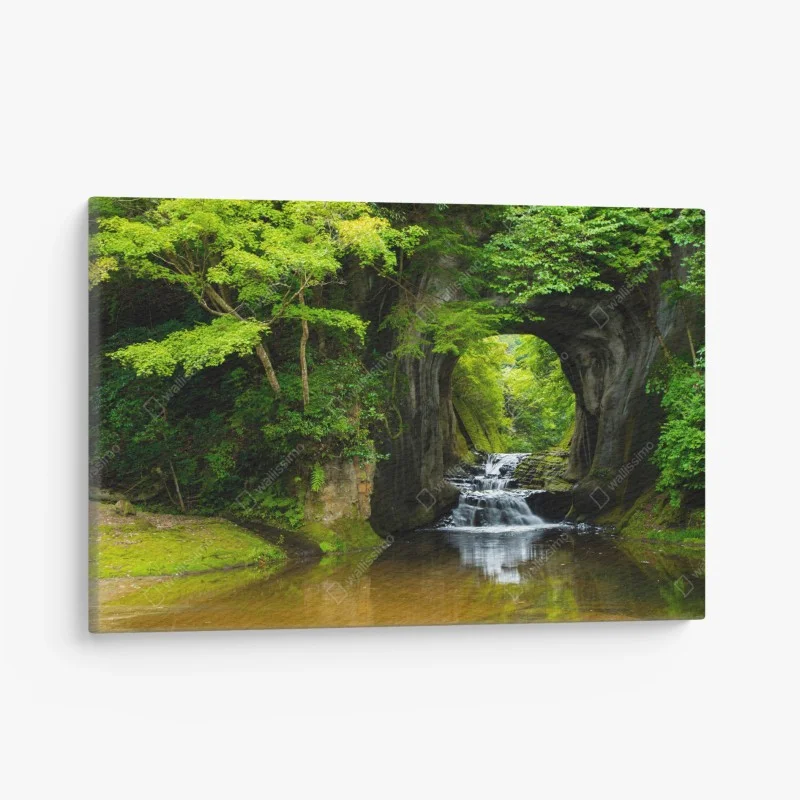 Quadro su tela arco naturale con cascata nella foresta