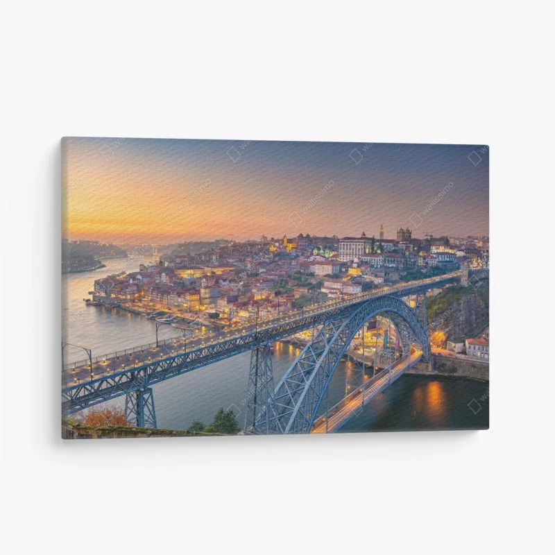 Quadro su tela tramonto su Porto: veduta panoramica del ponte e del fiume