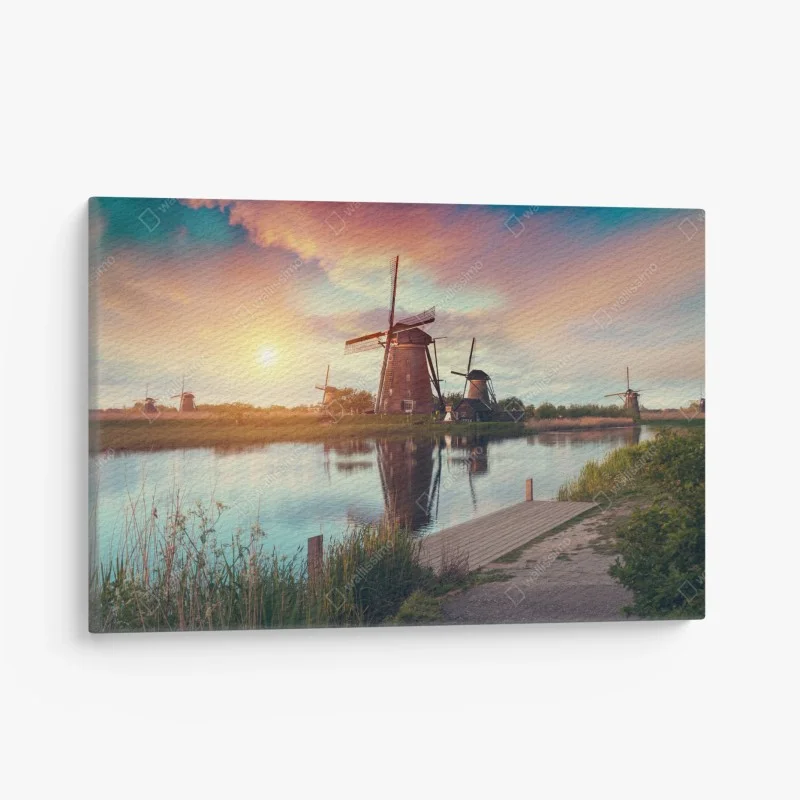 Quadro su tela mulini a vento al tramonto sul canale