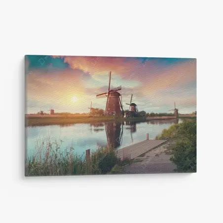 Quadro su tela mulini a vento al tramonto sul canale • Wallissimo®