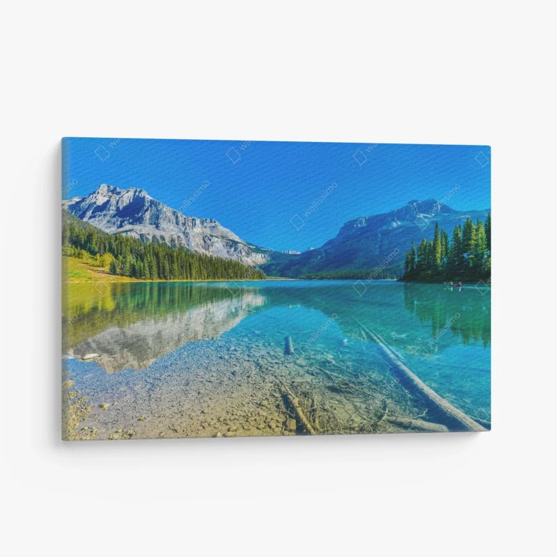 Quadro su tela lago alpino cristallino con montagne e riflessi