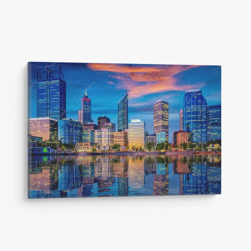 Quadro su tela tramonto su Perth: skyline riflesso sul fiume
