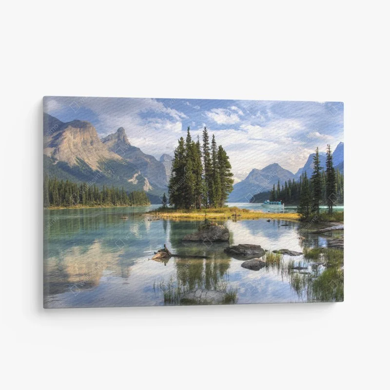 Quadro su tela isola di pini su lago alpino al tramonto