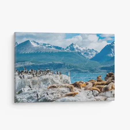 Quadro su tela colonia di leoni marini tra rocce e montagne • Wallissimo®