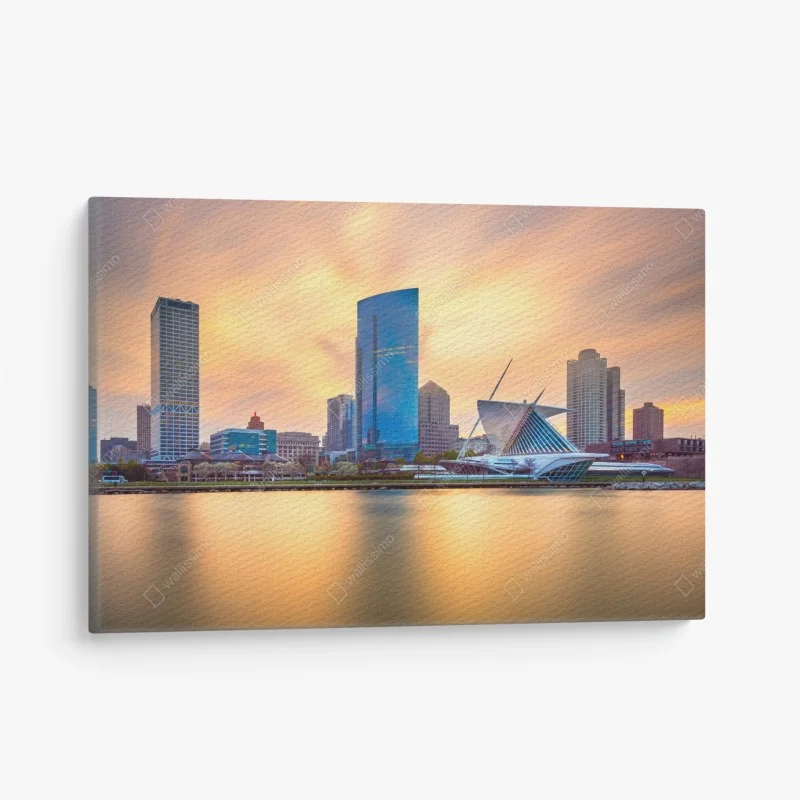 Quadro su tela tramonto dorato su Milwaukee, skyline sul Lago Michigan