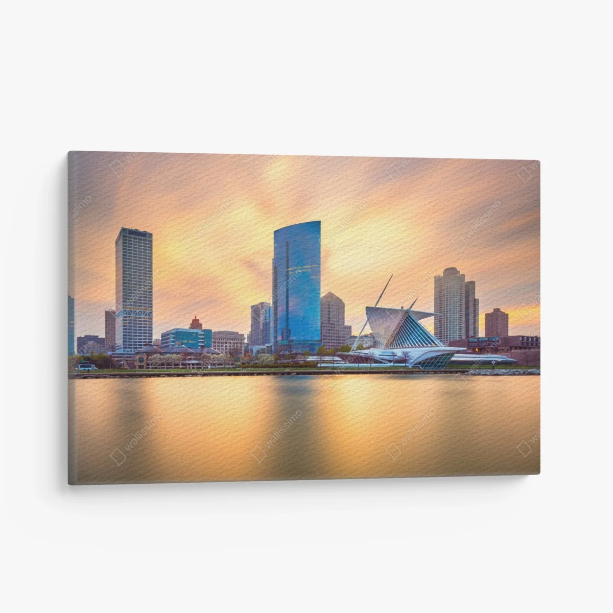 Quadro su tela tramonto dorato su Milwaukee, skyline sul Lago Michigan • Wallissimo® Quadro su tela tramonto dorato su Milwaukee, skyline sul Lago Michigan • Wallissimo®