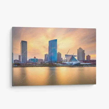 Quadro su tela tramonto dorato su Milwaukee, skyline sul Lago Michigan • Wallissimo®
